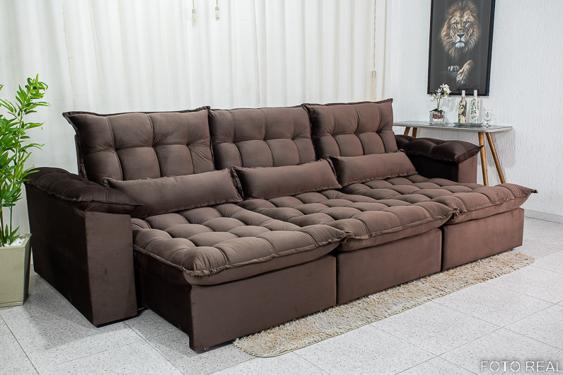 Sofá Retrátil e Reclinável Ipanema 2,10m em Tecido Veludo C/ 03 Módulos - Montagem Inclusa:marrom