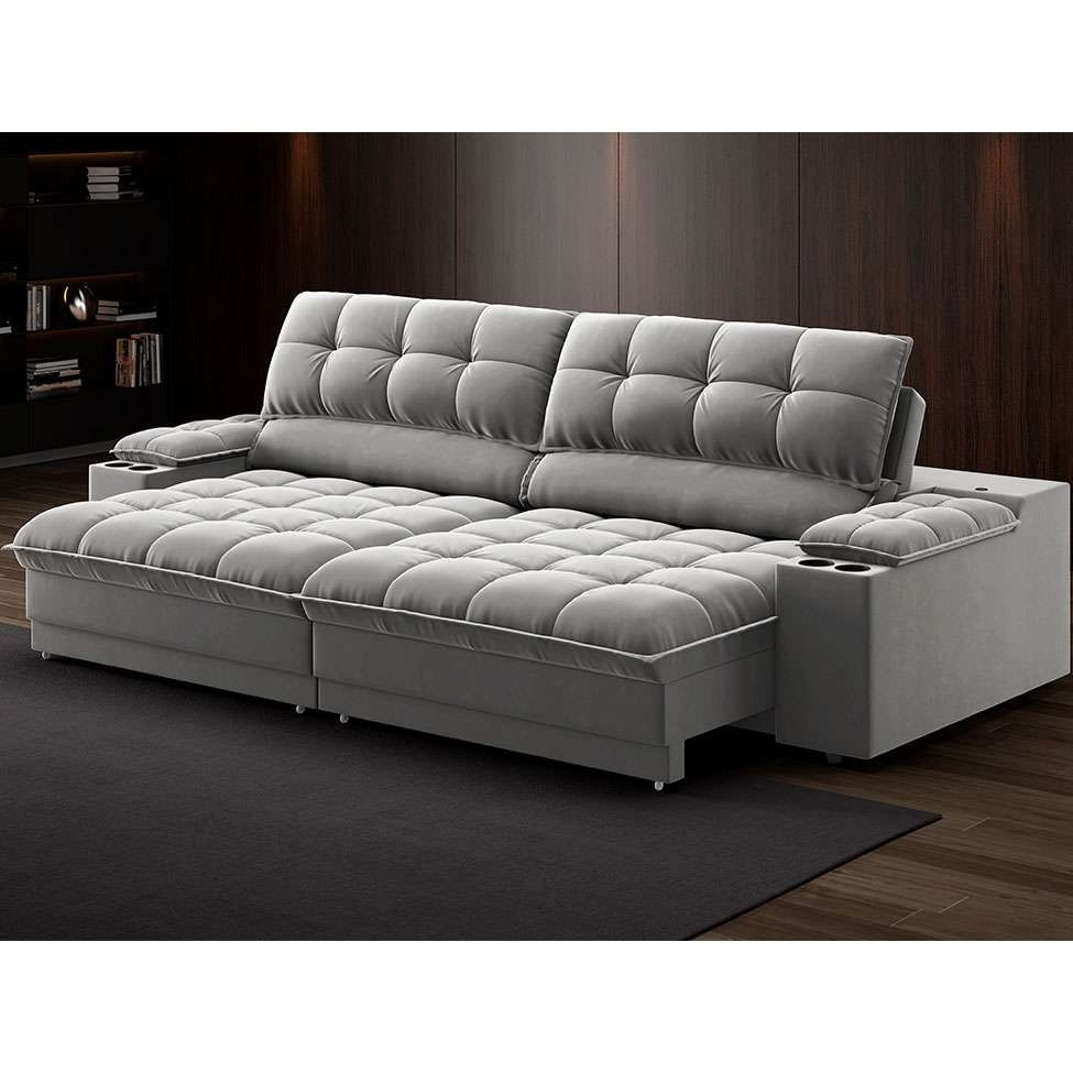 Sofá 3 Lugares Retrátil e Reclinável Helen com USB e Porta-Copos Veludo Cinza 230 cm em Promoção | Ofertas na Americanas