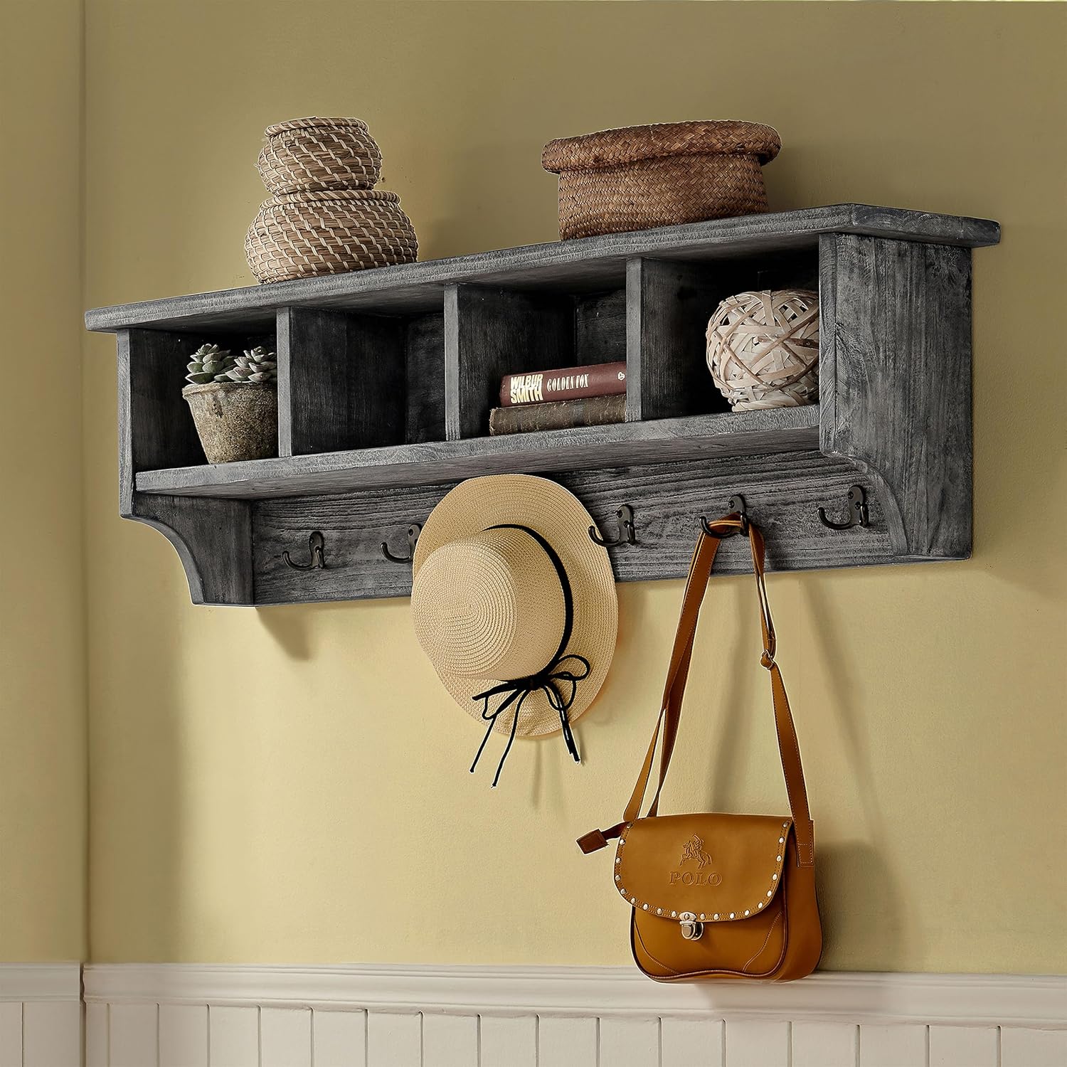 Pomona 48-Inch Wall-Mounted Coat Rack – Solid Wood & Metal Modern Entryway Organizer with 6 Heavy-Duty Hooks and 4 Open Cubbies for Mudroom, Hallway, Apartment, or Office Storage by Alaterre Furniture