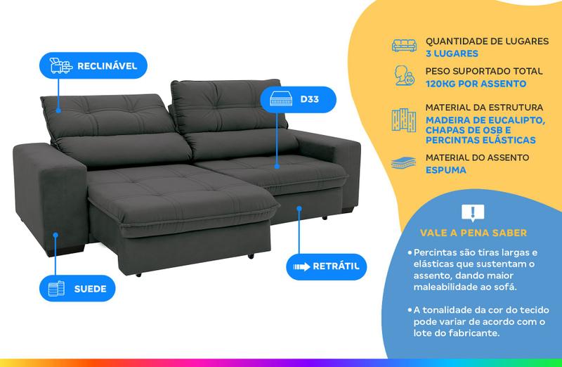 Sofá Retrátil Reclinável 3 Lugares Suede Brunello Linoforte