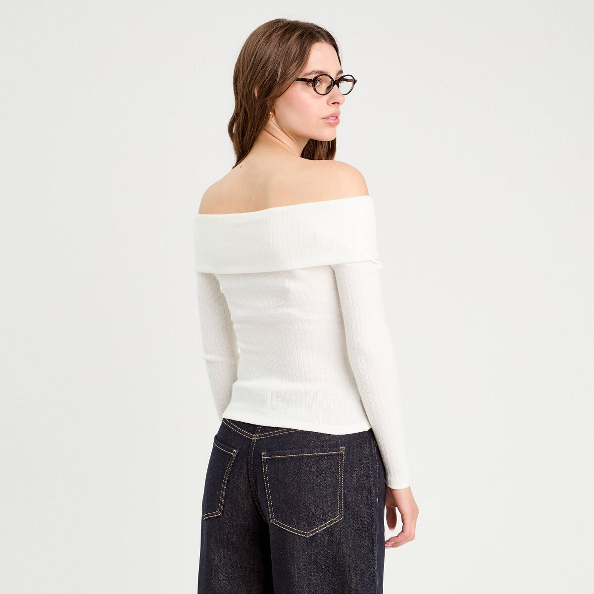 T-shirt côtelé col bardot ecru femme