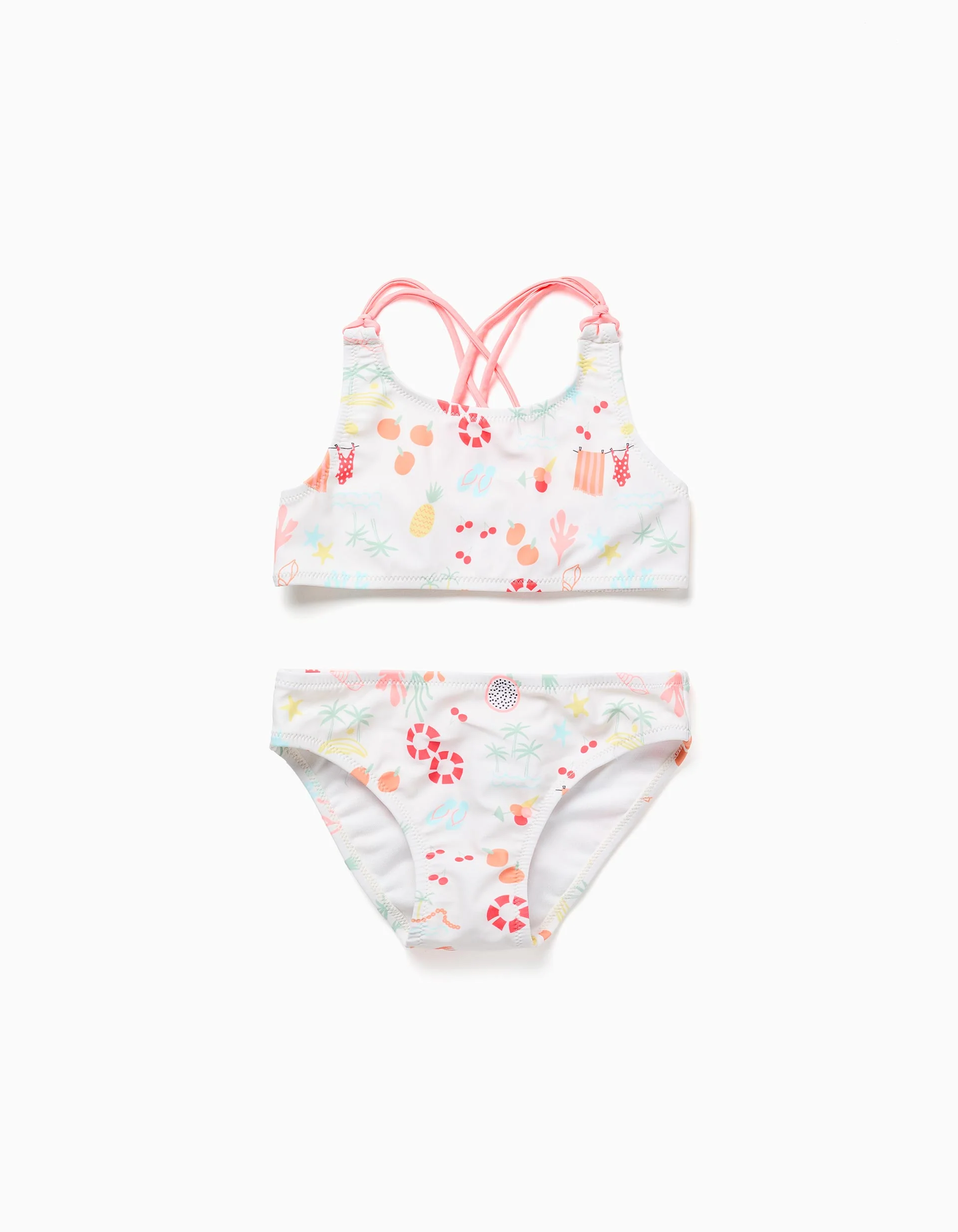 Bikini with beach motif and lining for girls, white