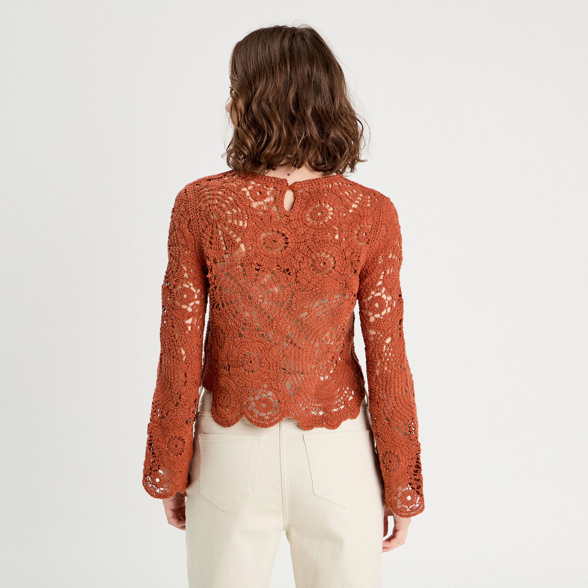 Pull ajouré effet crochet terracotta femme