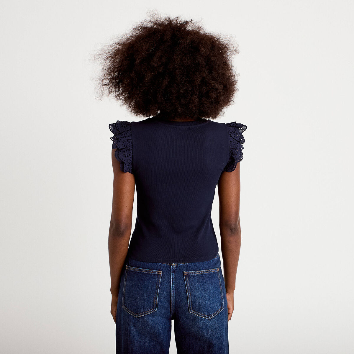 Débardeur volants brodés bleu marine femme