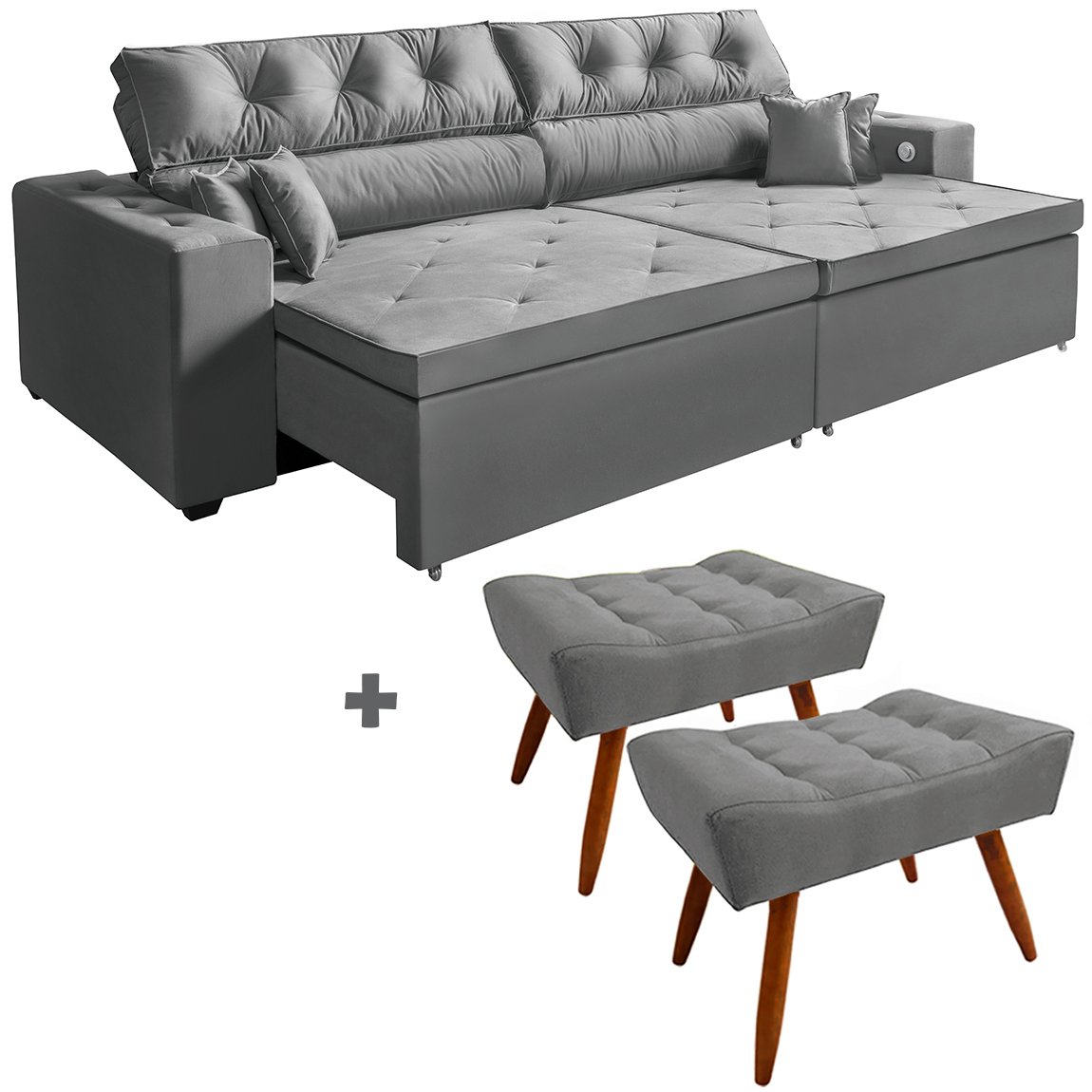 Sofá 5 Lugares Smart Retrátil, Reclinável 3,02 Metros com Carregador 3 Portas USB e 2 Puffs Cinza