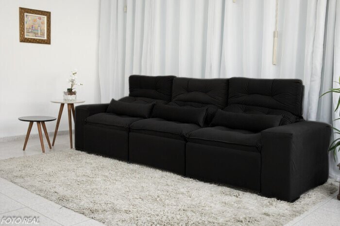 Sofá Retrátil e Reclinável com 2,50m de Largura em Tecido Suede:preto