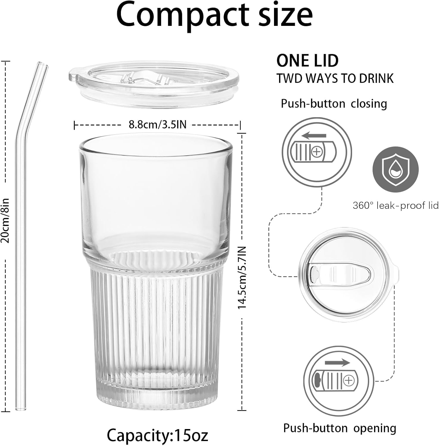18.5oz Glass Cups with Lids and Straws - Set of 2 Reusable Tumblers  Thickened Shatter-Resistant Glass  Ideal for Iced Coffee  Smoothies  Cocktails  Juices - Elegant & Durable Drinkware