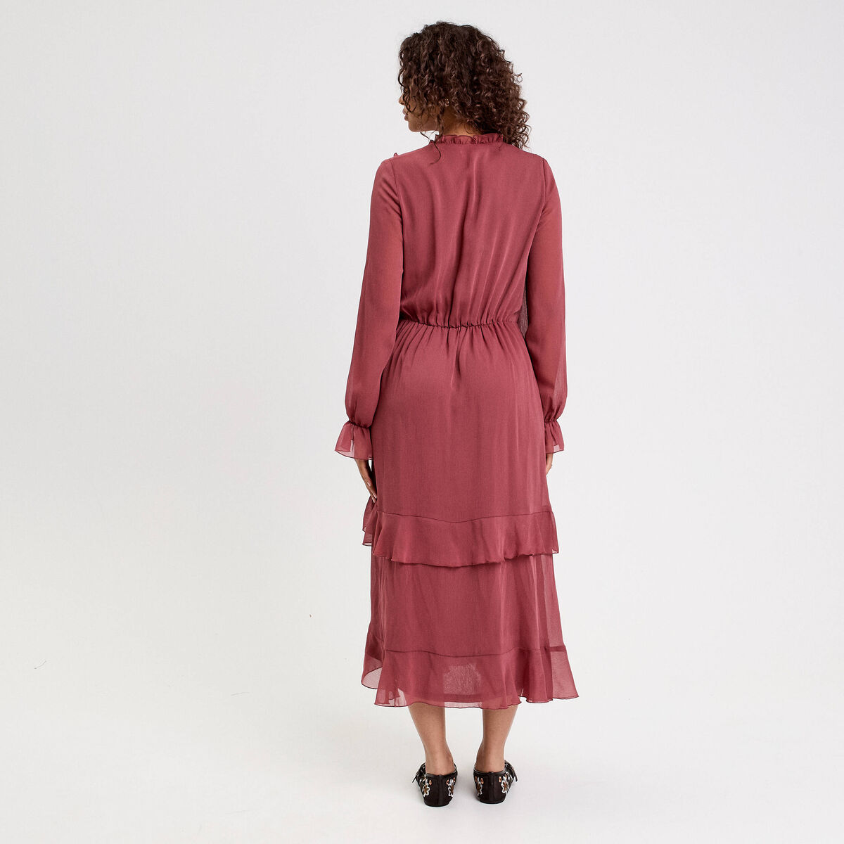 Robe longue évasée volants vieux rose femme