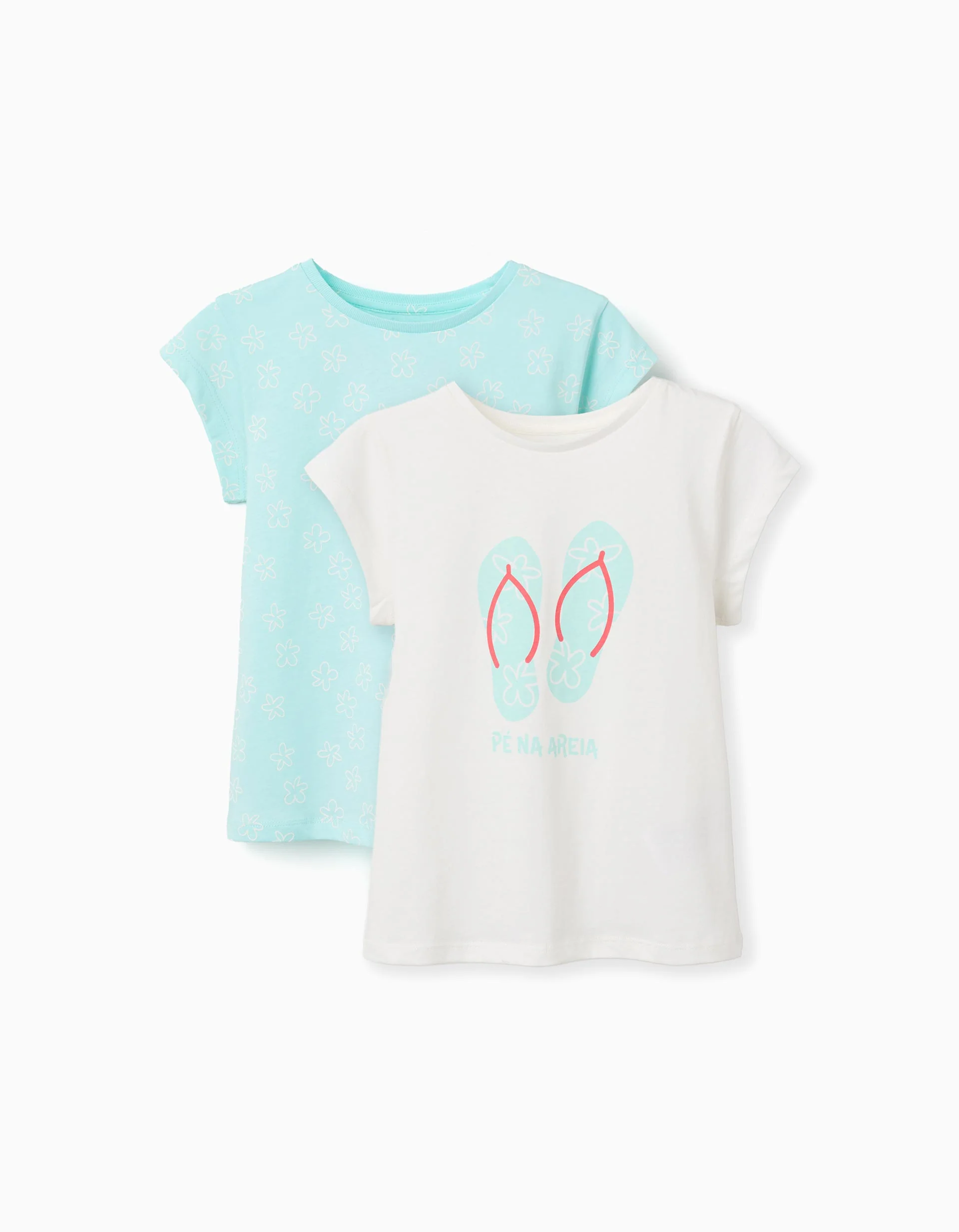 Pack of 2 cotton T-shirts with summery prints for girls, blue/white