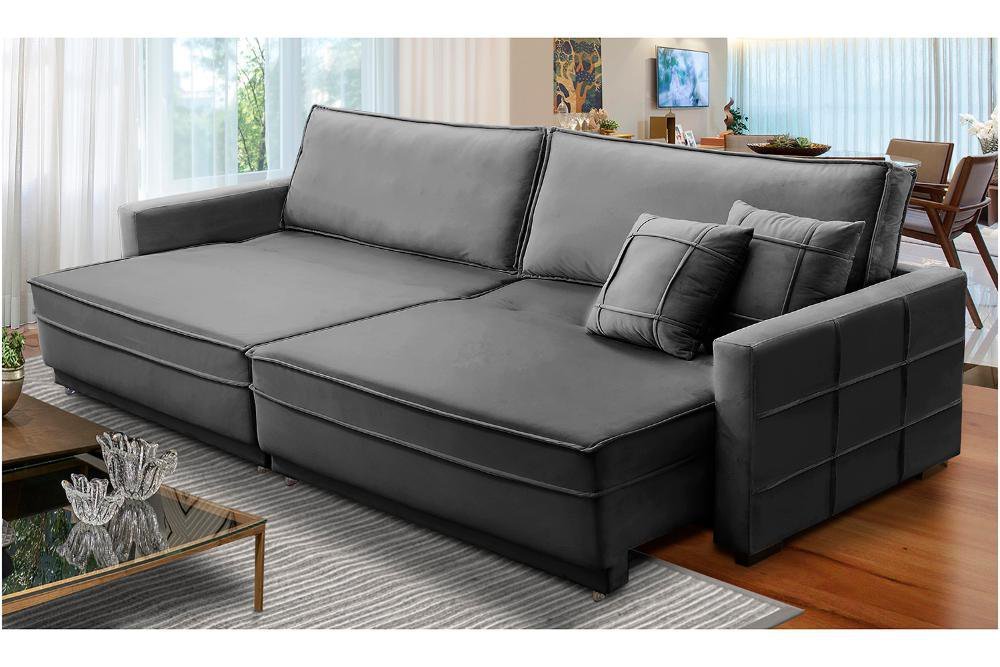 Sofá Sem Caixa Retrátil Reclinável 2,10m Karen Veludo Cinza Adonai Estofados