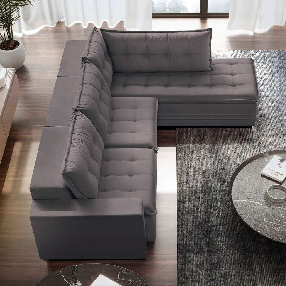 Sofá 5 Lugares Presidente com Chaise Direito Veludo Cinza 366 cm em Promoção | Ofertas na Americanas