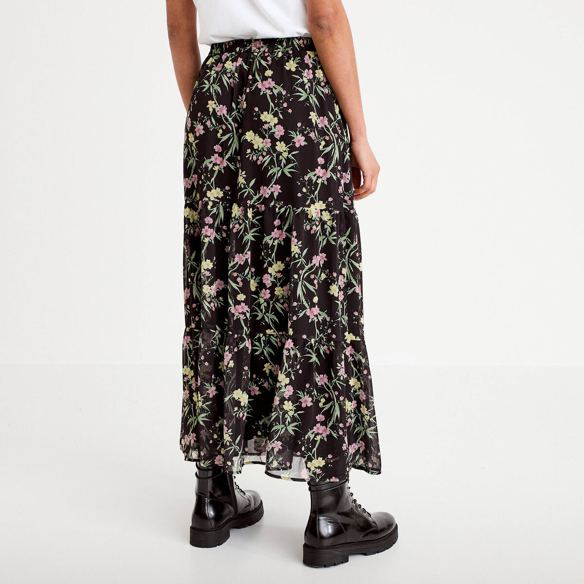 Jupe longue évasée en voile transparent noir femme