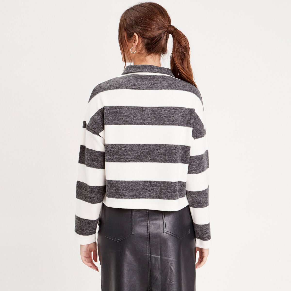 Sweat col polo manches longues gris femme