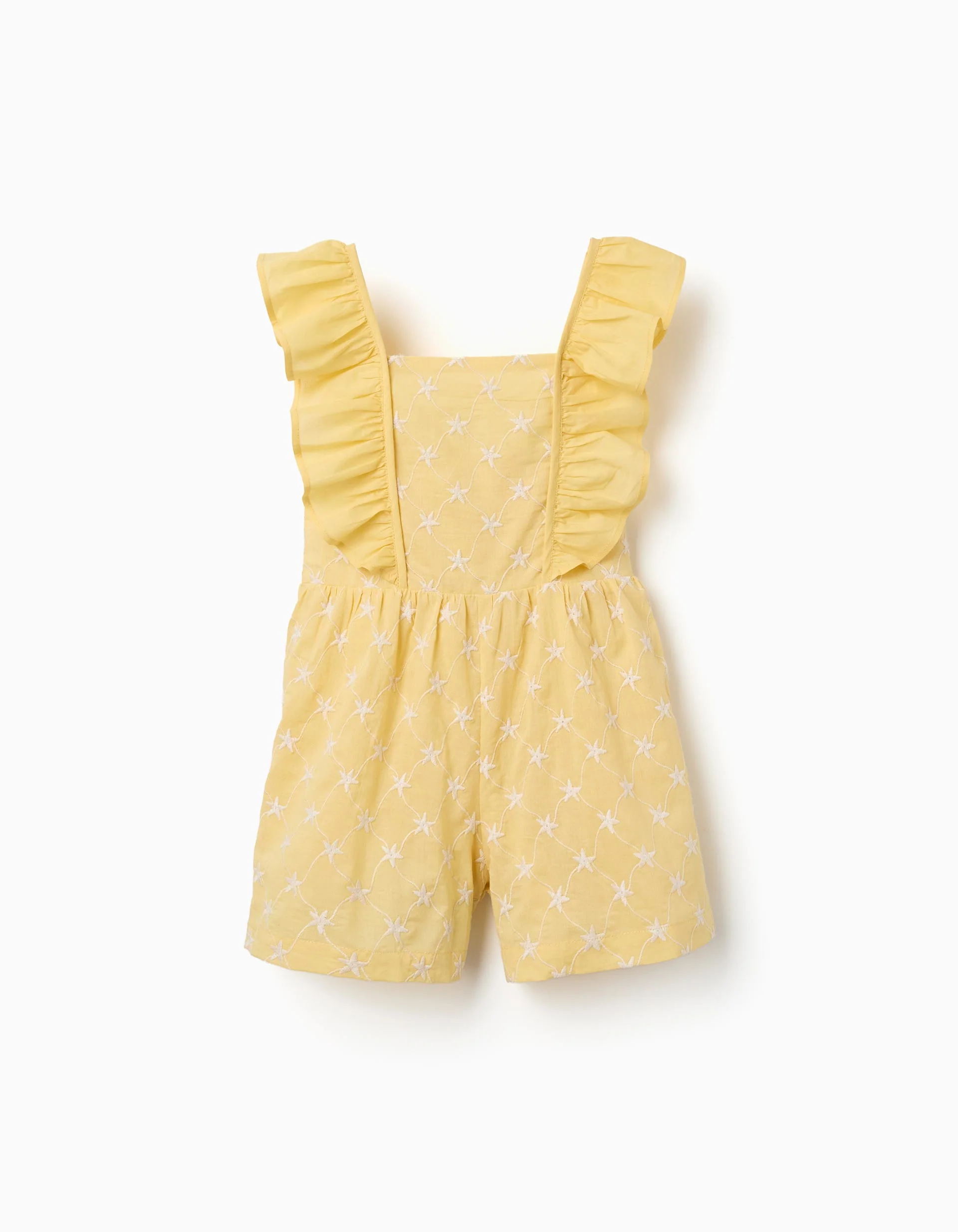 Cotton playsuit with embroidery and ruffles B&S for girls, yellow