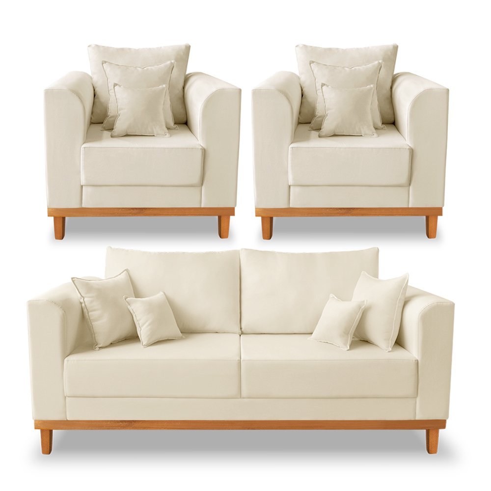 Kit Sofá 3 Lugares e 2 Poltronas Beny Viena com Base de Madeira Suede Bege - Madeira Prima Deccor