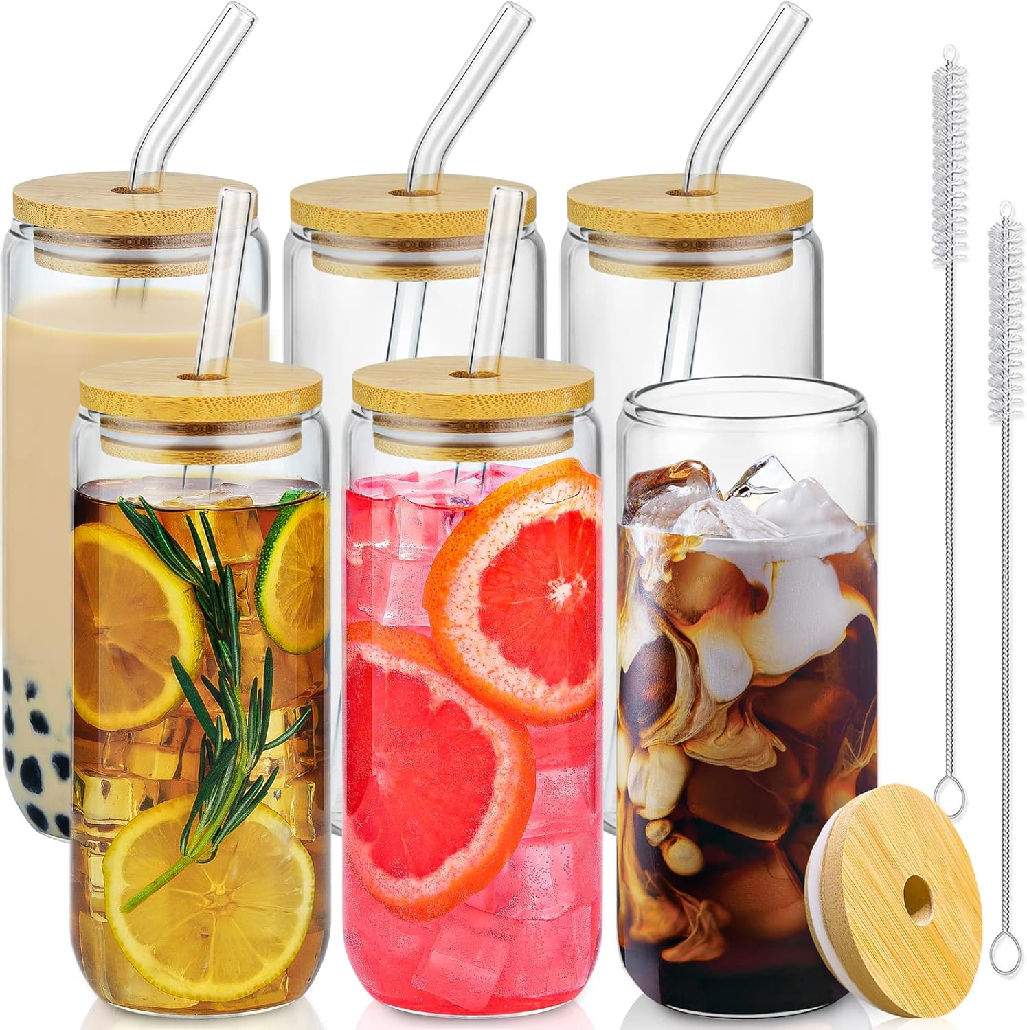 20 Oz Drinking Glasses with Bamboo Lids and Glass Straw - 6 Pcs Glass Cups Beer Ice Coffee Glasses Cute Aesthetic Cup Great for Coffee Bar Accessories Include 2 Cleaning Brushes