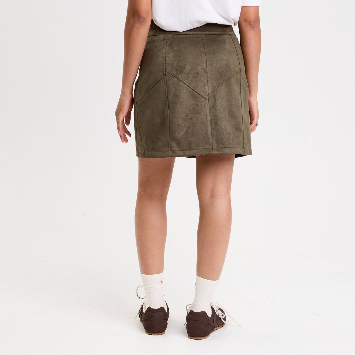 Jupe trapèze courte aspect daim vert kaki femme