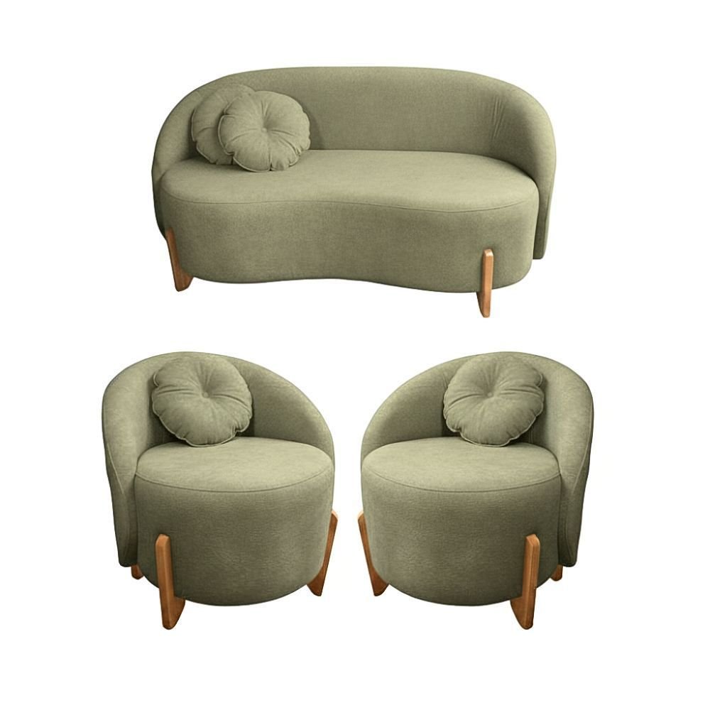 Kit 01 Sofá 2 Lugares + 02 Poltronas Orgânicos C/ Almofadas Curvo Sala Recepção Amsterdã Boucle Verd