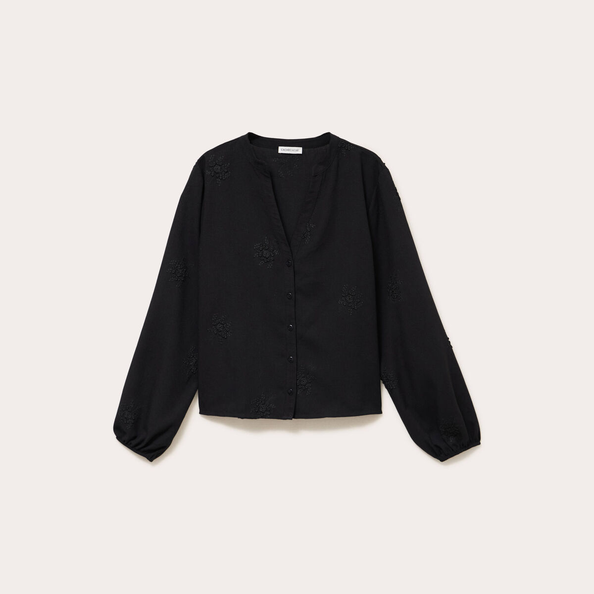 Blouse brodée col V noir femme
