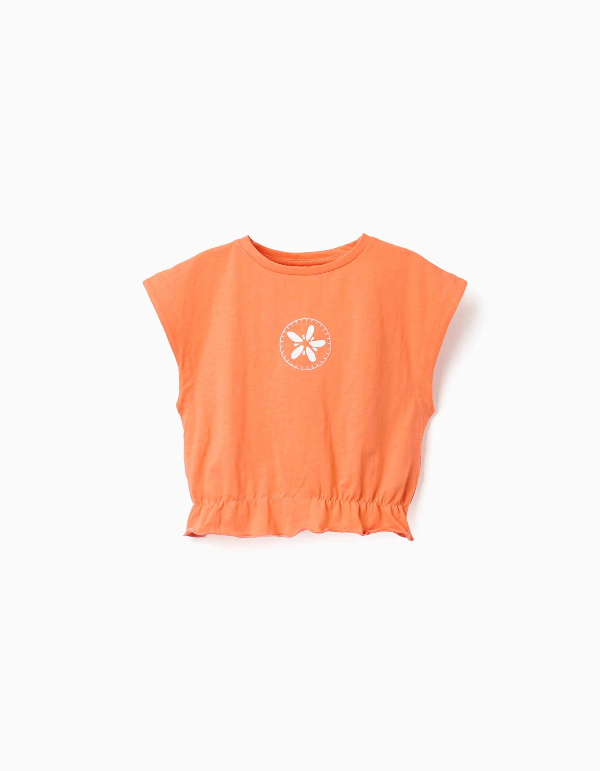 Cotton T-shirt with flower print and ruffles for girls, orange