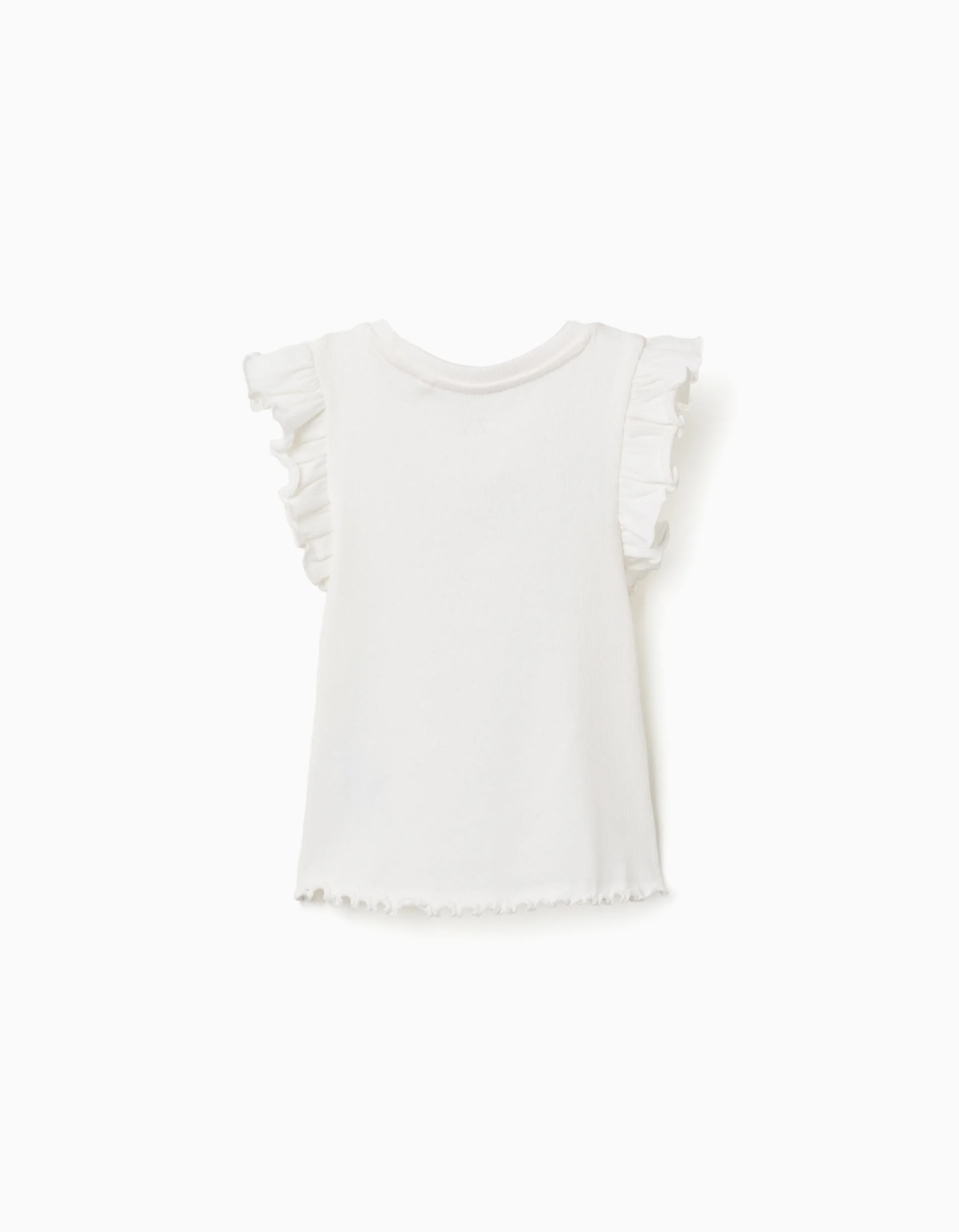 Ribbed cotton T-shirt with ruffles and flowers for girls, white