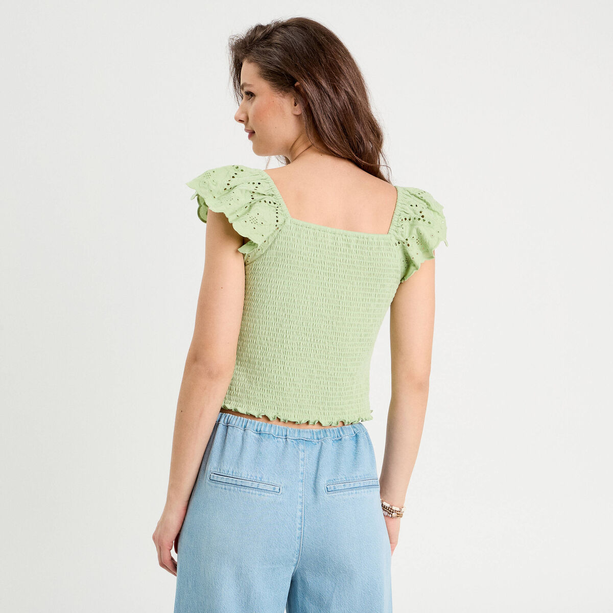 T-shirt smocké avec broderie vert clair femme