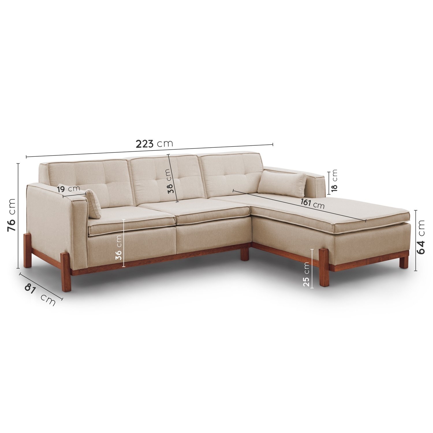 Sofá 3 Lugares com Chaise Lado Esquerdo 212cm em Linho Tiê CabeCasa MadeiraOriginals