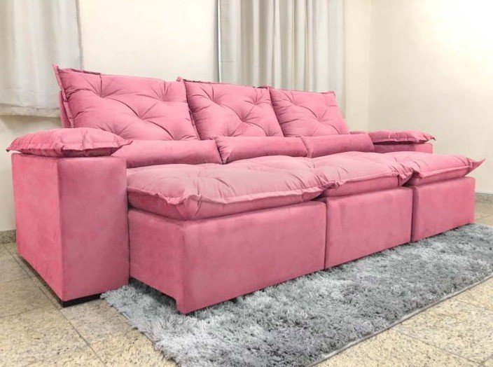 Sofá Retrátil e Reclinável 2,70m em Tecido Veludão C/pillow Nos Braços Athenas:rosa