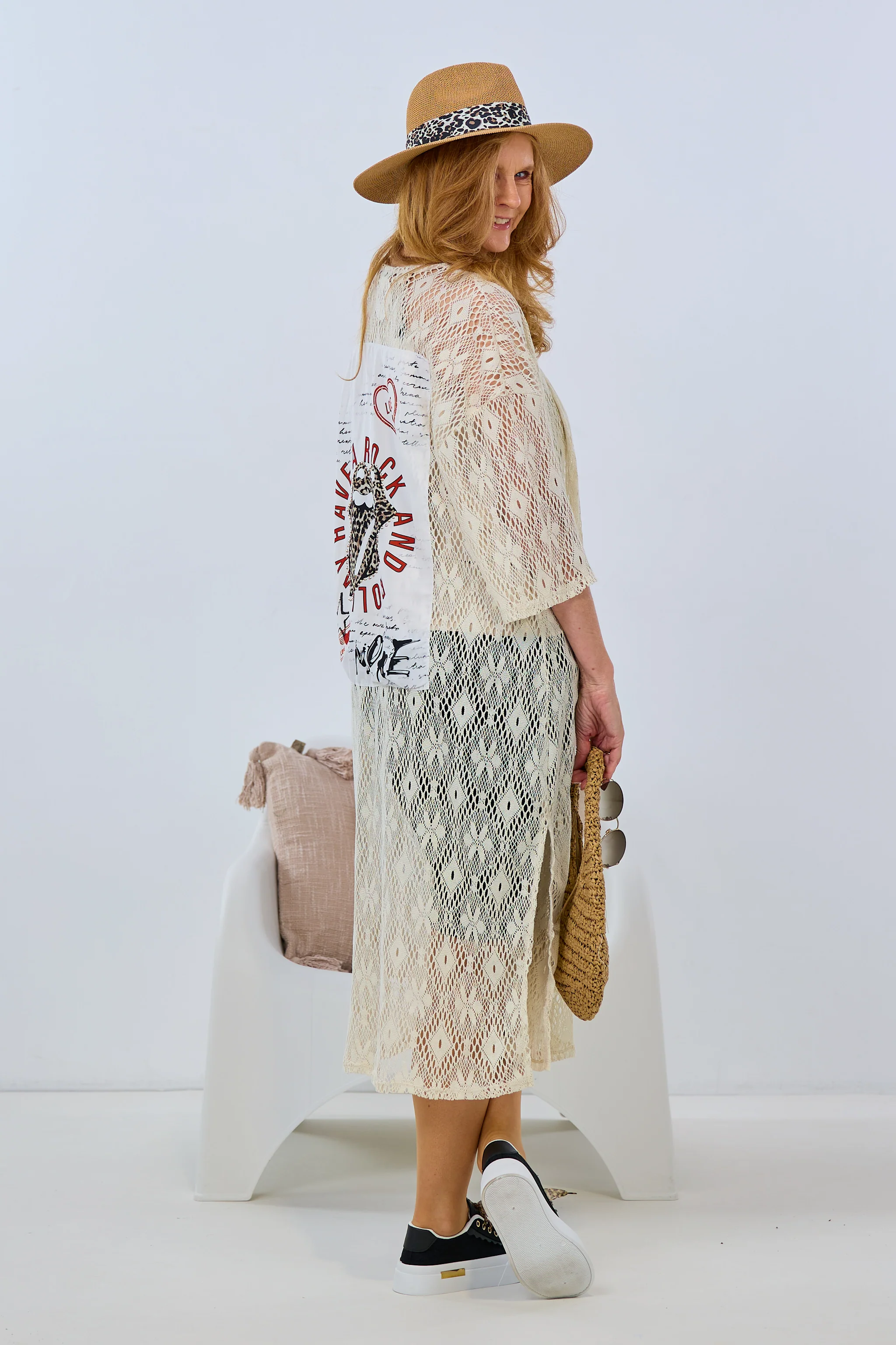 Longjacke mit Schlitz und Motivdruck Rock, creme