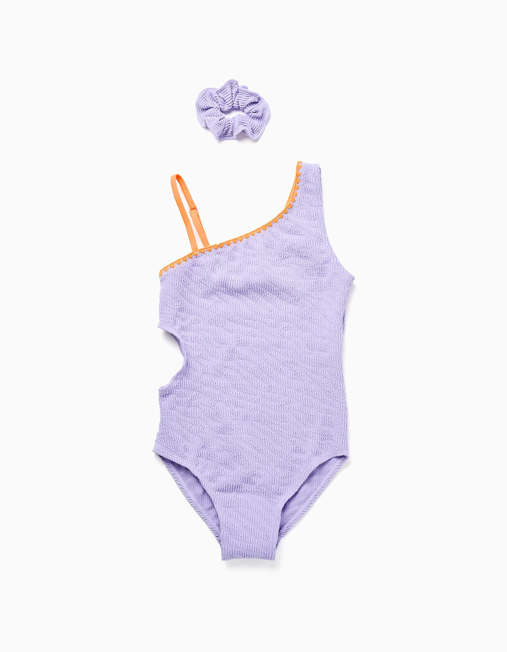 Swimsuit with cut-out + scrunchie for girls, lilac/orange