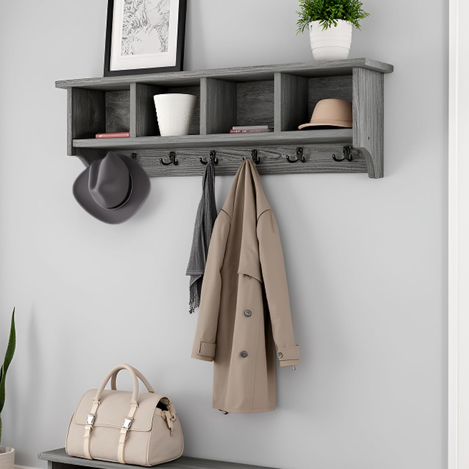 Pomona 48-Inch Wall-Mounted Coat Rack – Solid Wood & Metal Modern Entryway Organizer with 6 Heavy-Duty Hooks and 4 Open Cubbies for Mudroom, Hallway, Apartment, or Office Storage by Alaterre Furniture