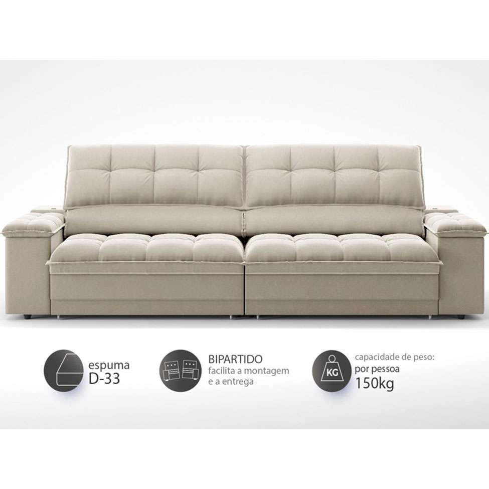 Sofá 3 Lugares Retrátil e Reclinável Helen com USB e Porta-Copos Veludo Areia 210 cm em Promoção | Ofertas na Americanas