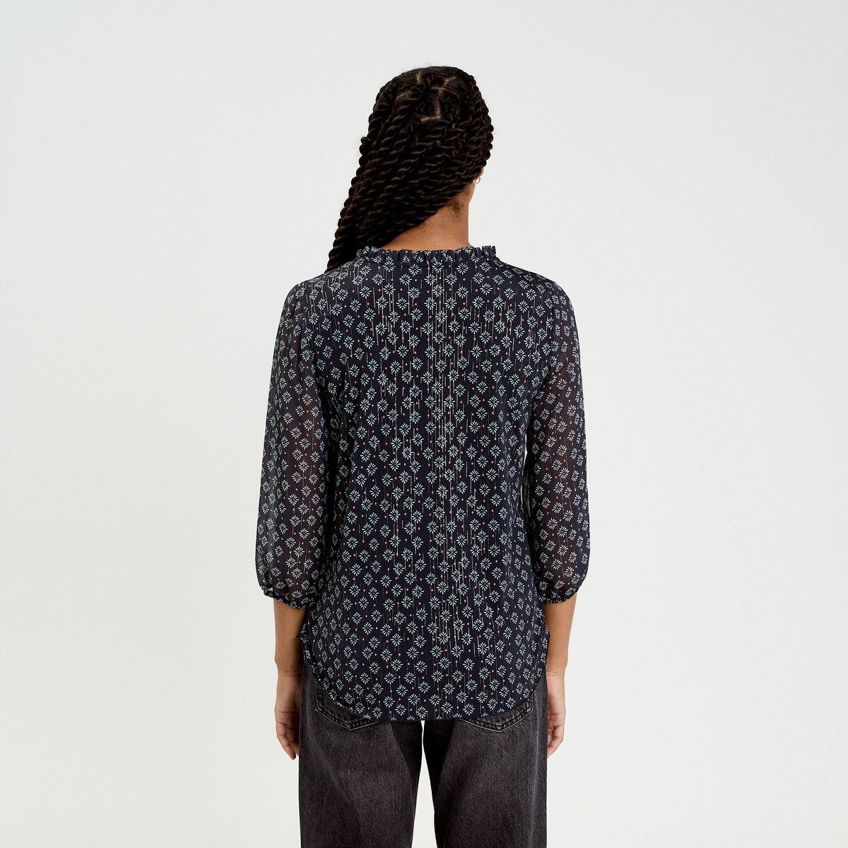 Blouse col v manches 3/4 marron foncé femme