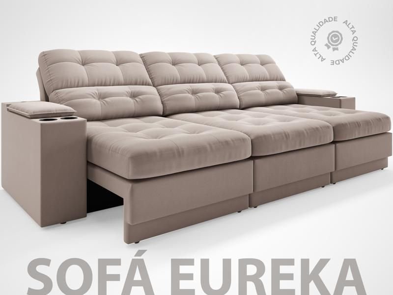 Sofá com Porta Copos e Carregador Usb Eureka 2,30m Assento Retrátil e Reclinável Velosuede Bege