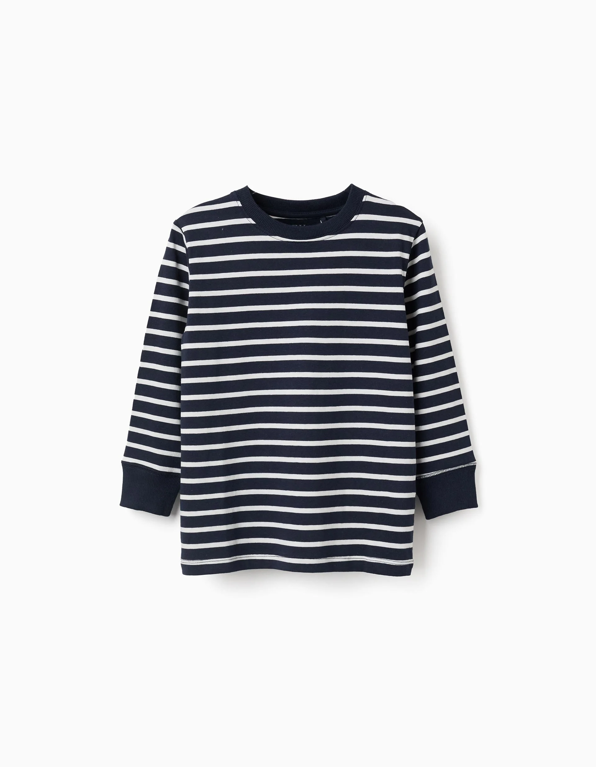Long sleeve cotton T-shirt with stripes for boys, white/dark blue