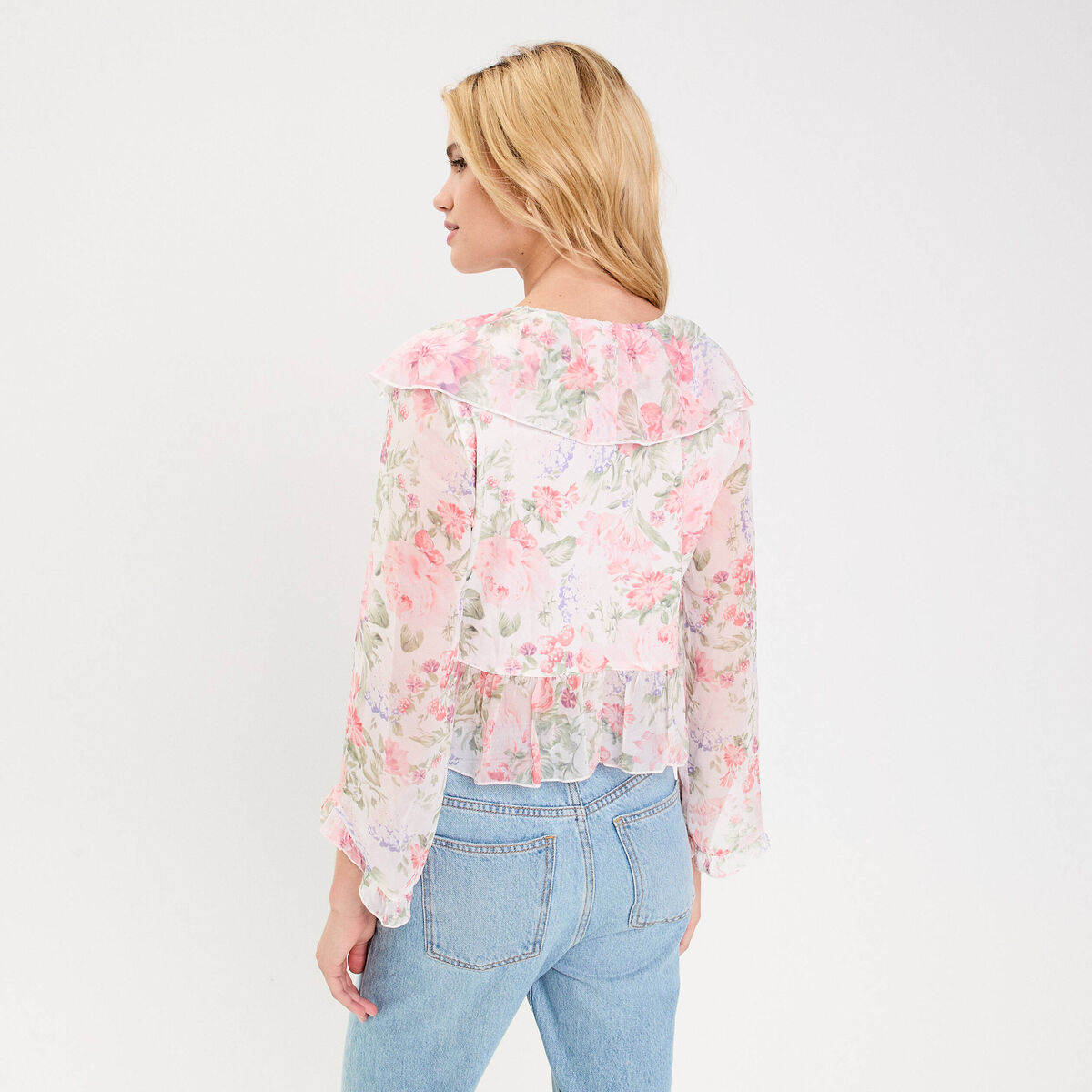 Blouse bi-matière oversize col v blanc femme