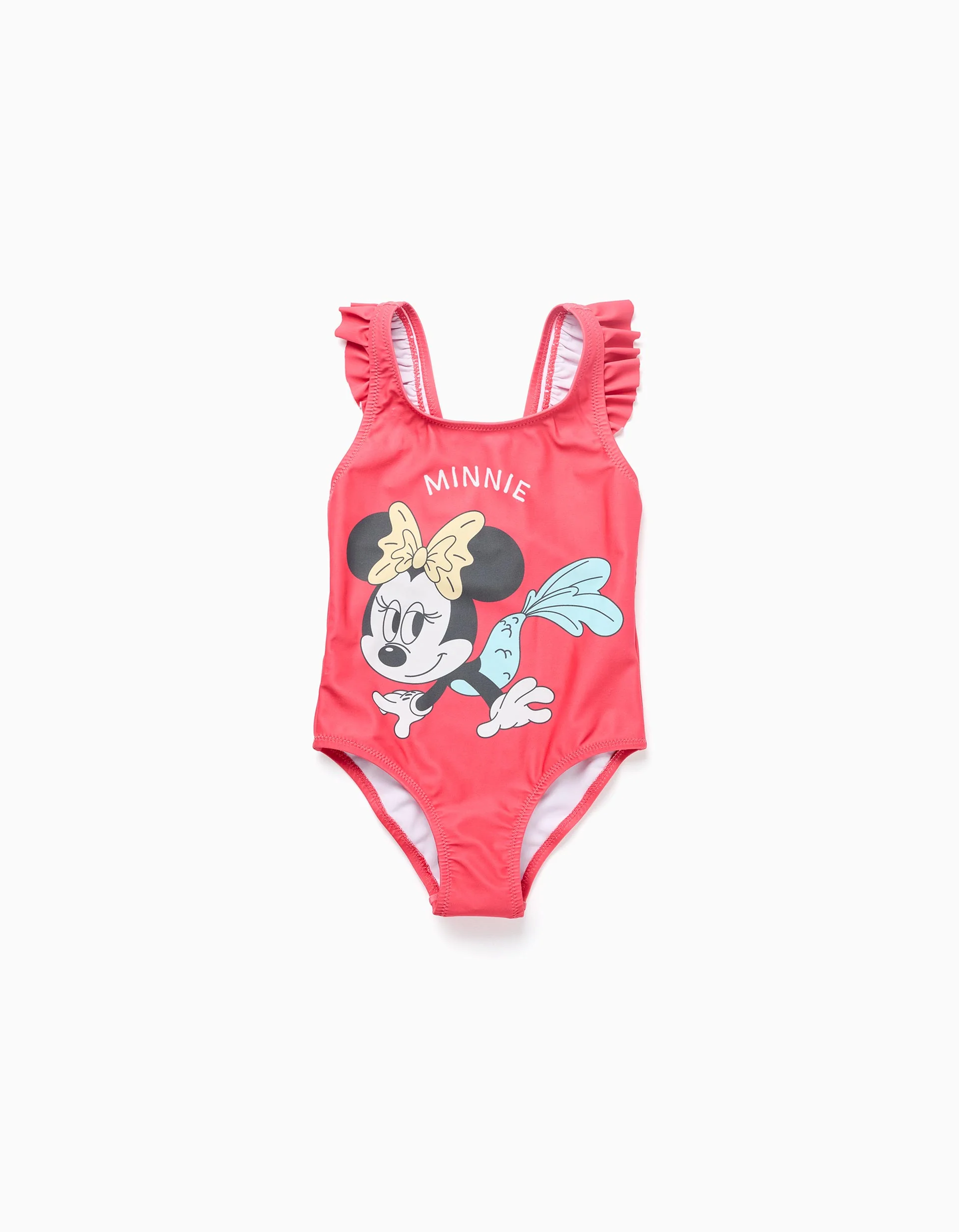 Swimsuit with Minnie print and ruffled straps for baby girls, coral