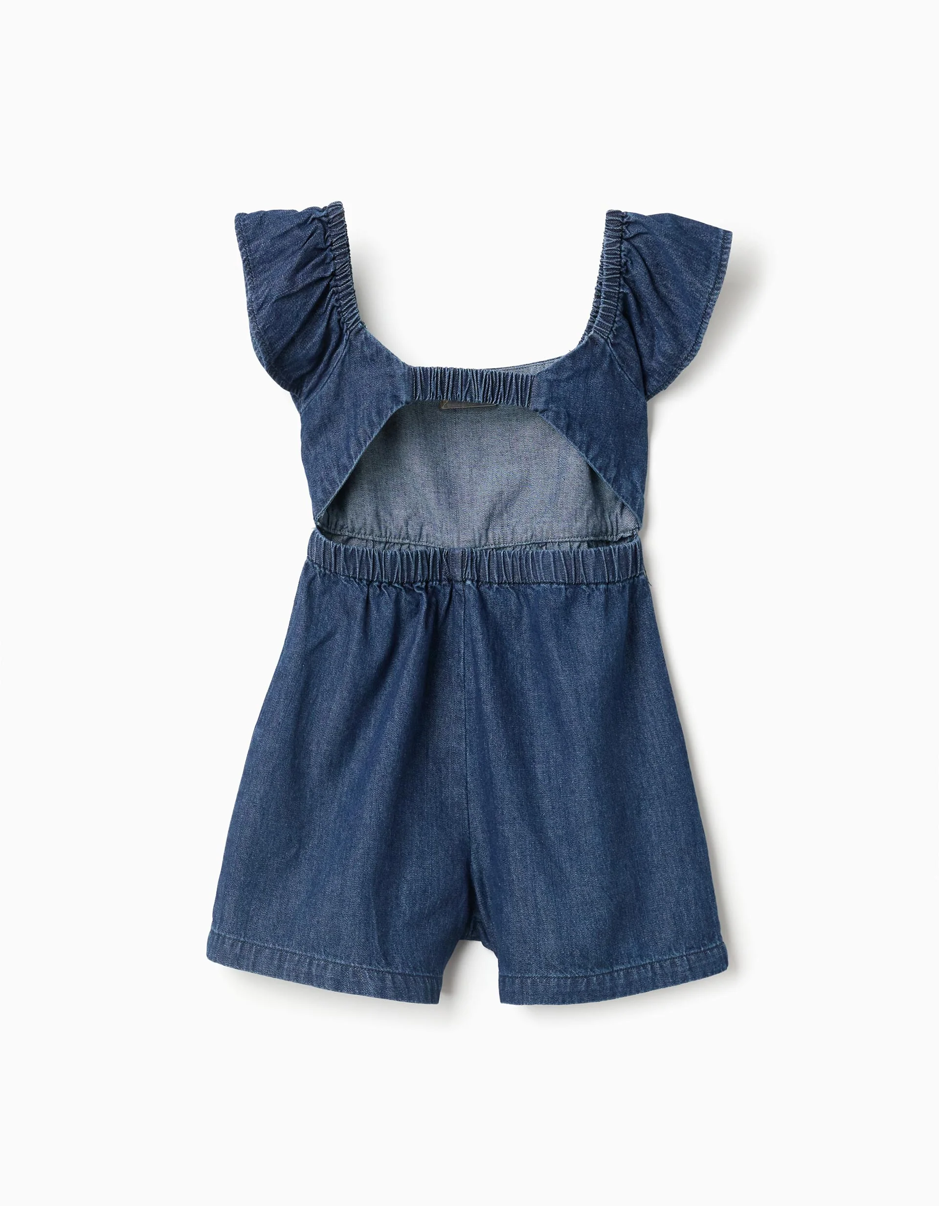 Denim playsuit with ruffled sleeves for girls, dark blue