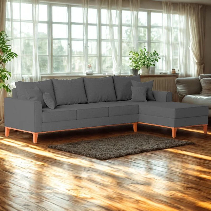 Sofá 4 Lugares Beny com Chaise Direito Suede Cinza