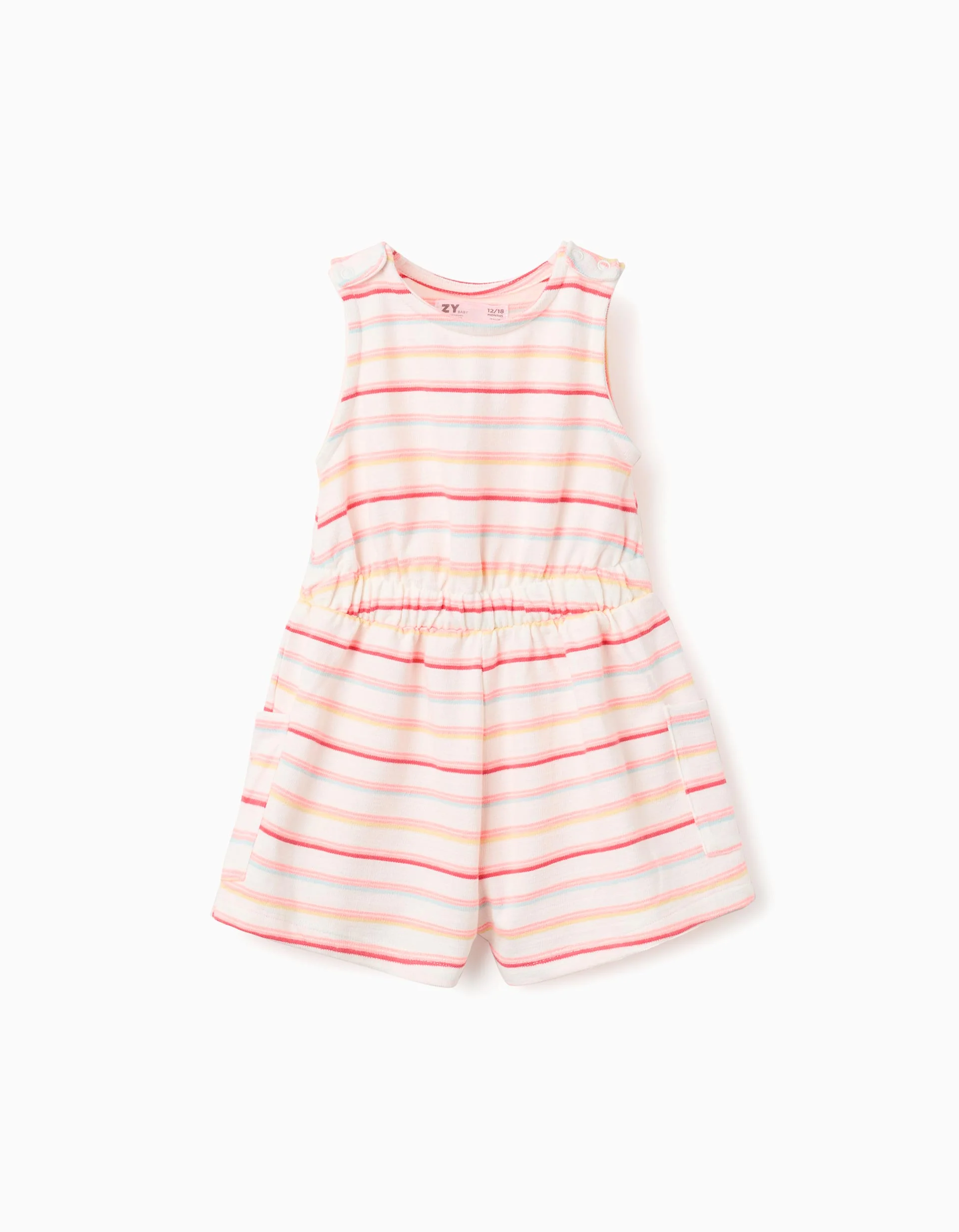 Striped cotton playsuit with cargo pockets for baby girls, multicolour