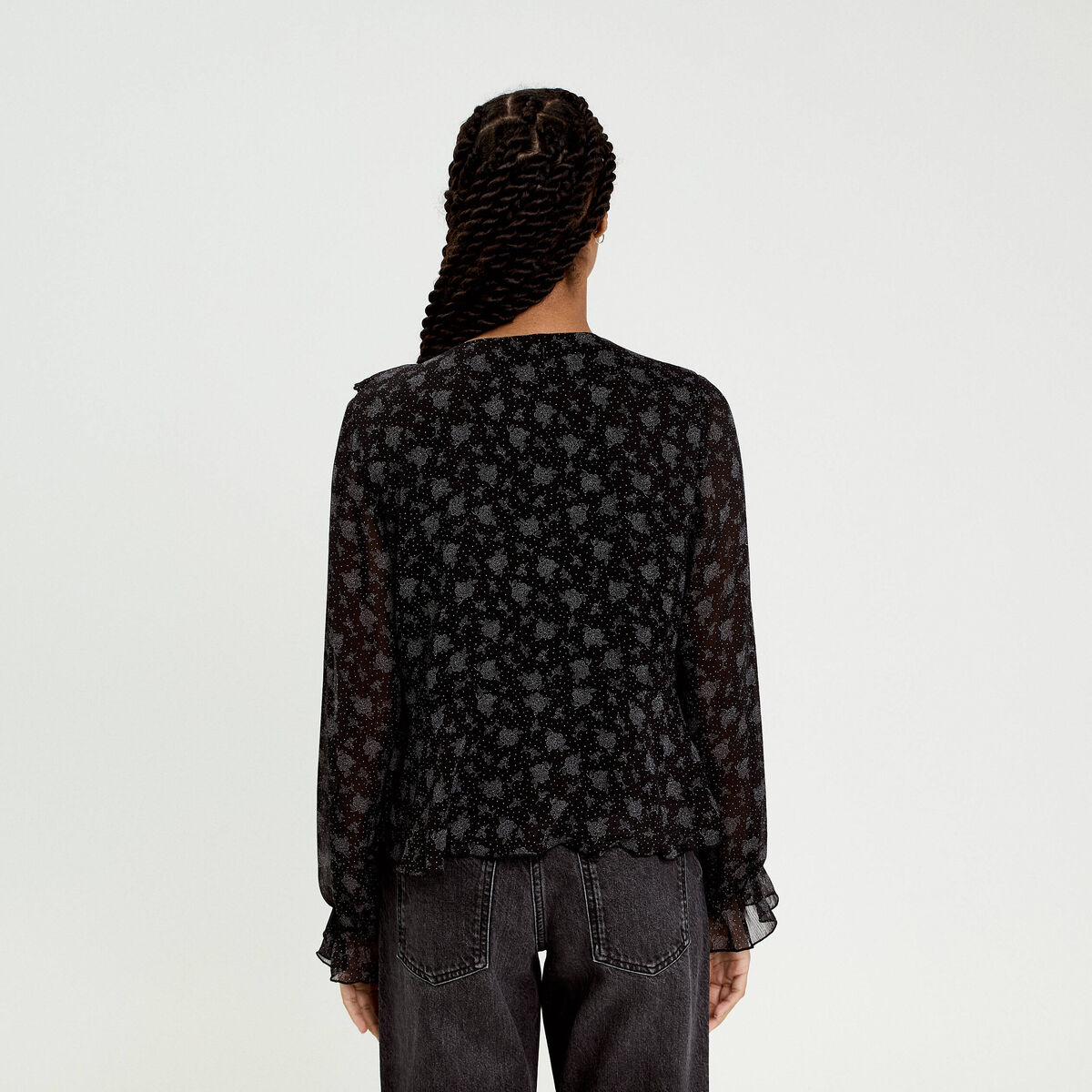 Blouse droite courte manches longues noir femme