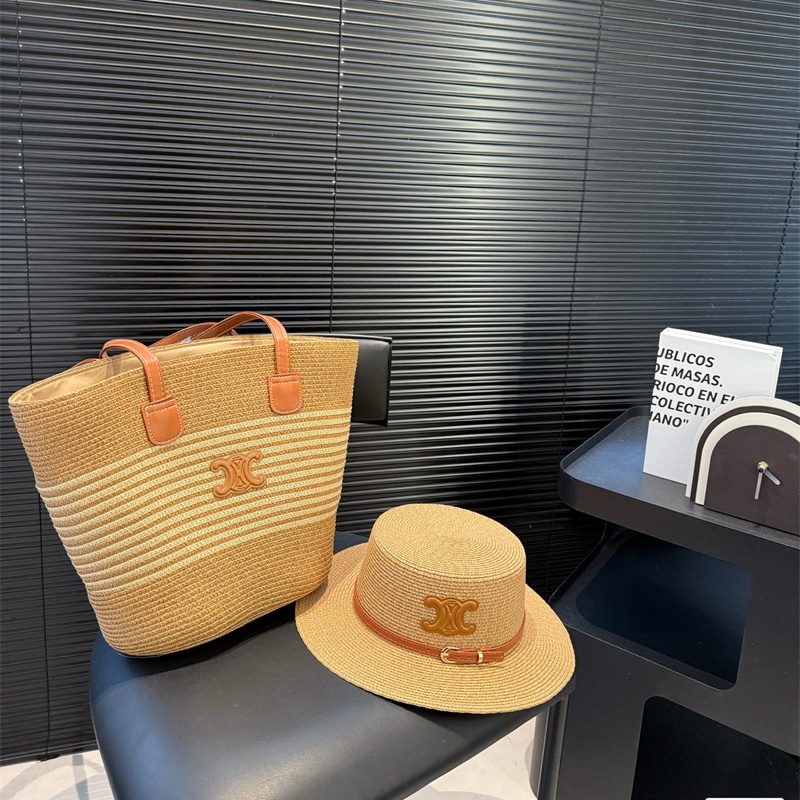 セリーヌ 編みバッグ+編み帽子 セット 夏 新作 組み合わせ celine かご バッグ 編み込み ショルダーバッグ レザー ショッピングバッグ おしゃれ ハンドバッグ