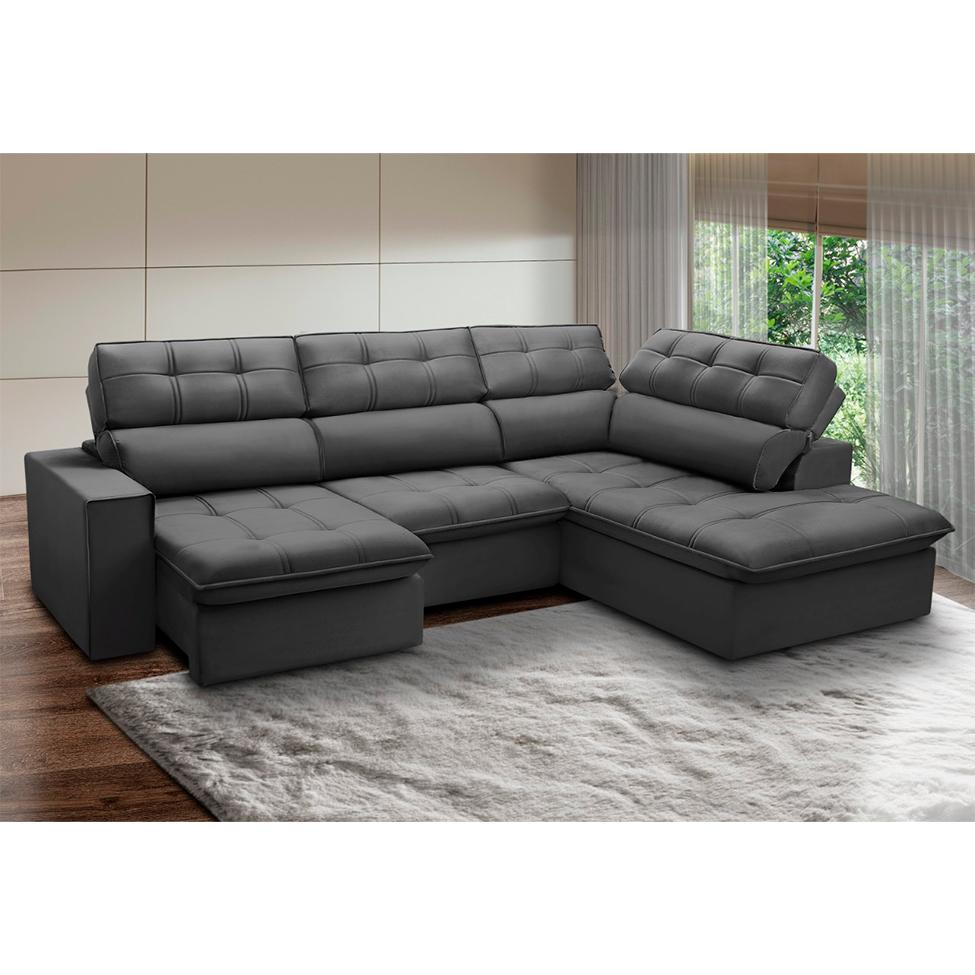 Sofá 5 Lugares Retrátil e Reclinável Arezzo com Chaise Direito Veludo Chumbo