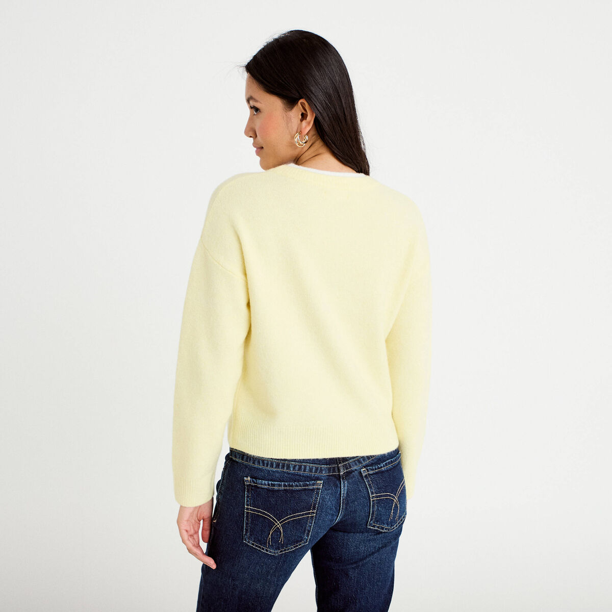 Pull col rond manches longues jaune clair femme