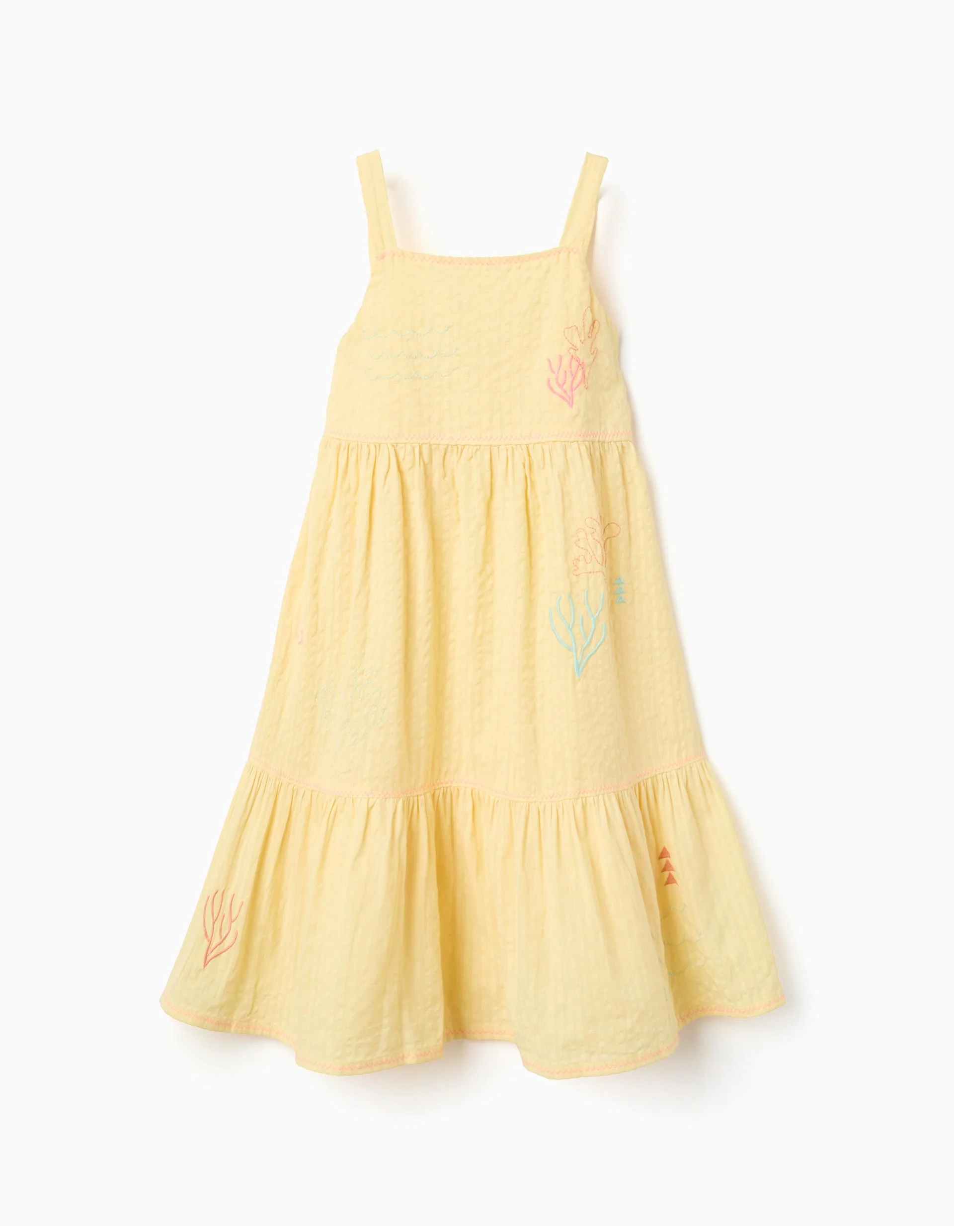 Sleeveless cotton dress with embroidered seaweed for girls, yellow