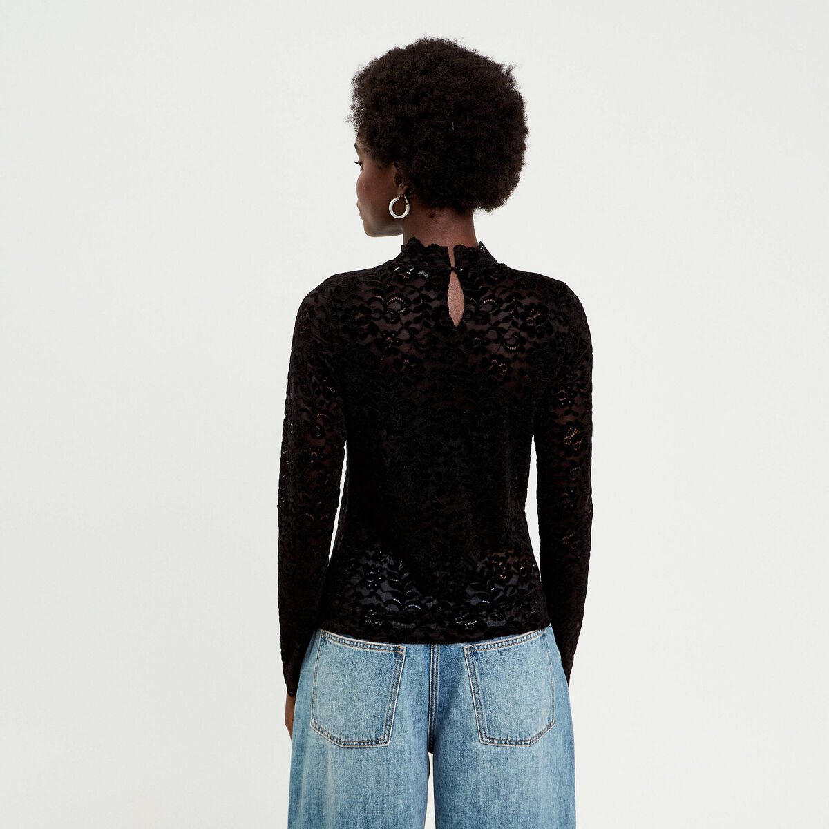 T-shirt dentelle manches longues noir femme