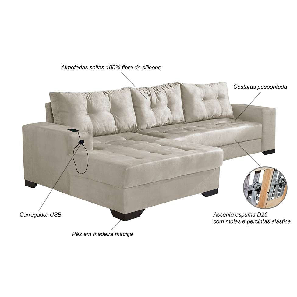 Sofá 5 Lugares Dijon com Chaise Esquerdo e Entrada USB Suede Areia em Promoção | Ofertas na Americanas