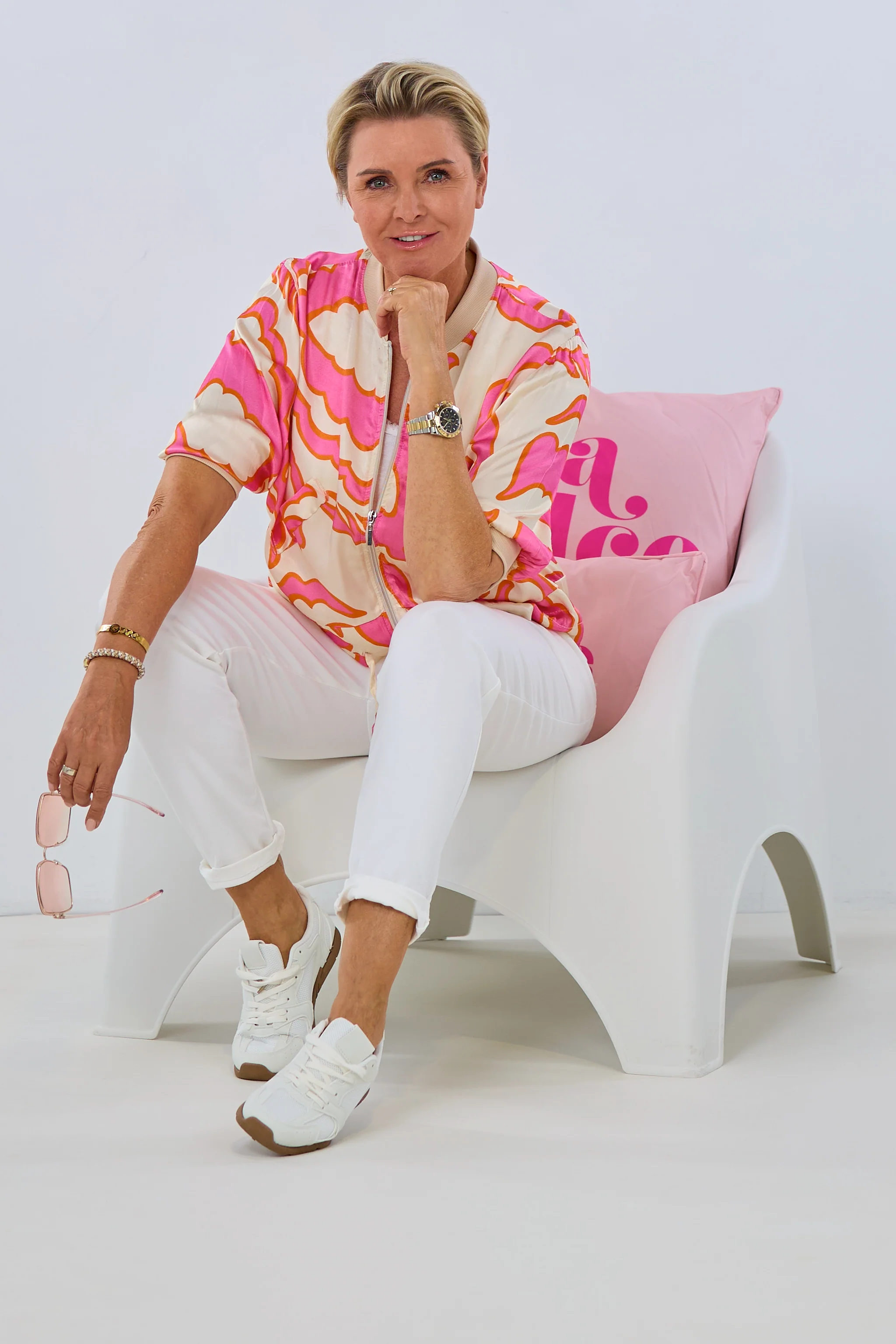 Blumen Satin Blouson mit Kordelzug, pink-beige