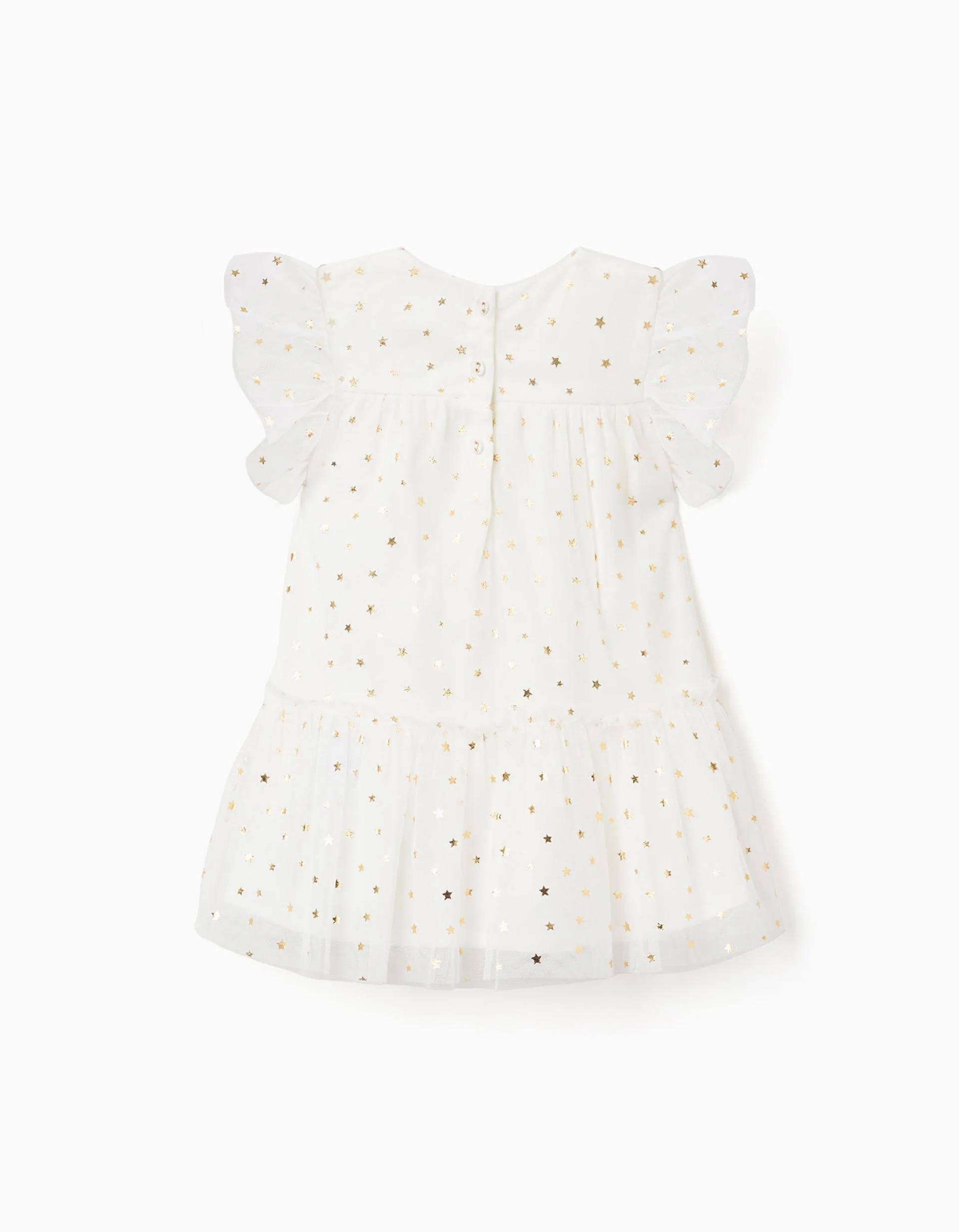 Sleeveless tulle dress with ruffles and stars for baby girls, white