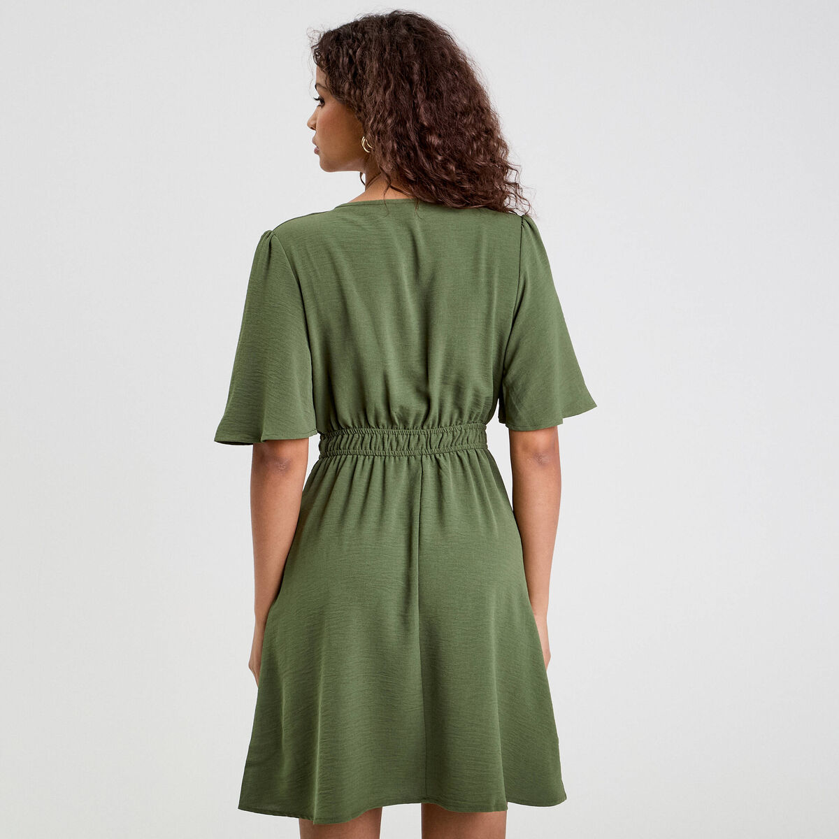 Robe évasée taille élastiquée vert kaki femme